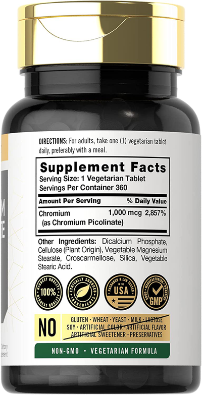 Ultra Chromium Picolinate 1000mcg | 360 Tablets | Supports Weight Management | Vegetarian, Non-GMO, Gluten Free | by Carlyle