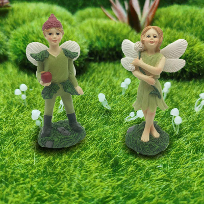 Miniature Garden Fairy Set of 2 Small Ornaments Jungle Boy Girl Statue Enchanted Figurines Fairy Garden Accessories