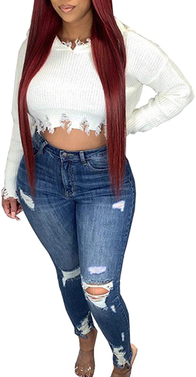 Sexyshine Women's High Waisted Skinny Destroyed Ripped Hole Denim Pants Long Stretch Pencil Jeans