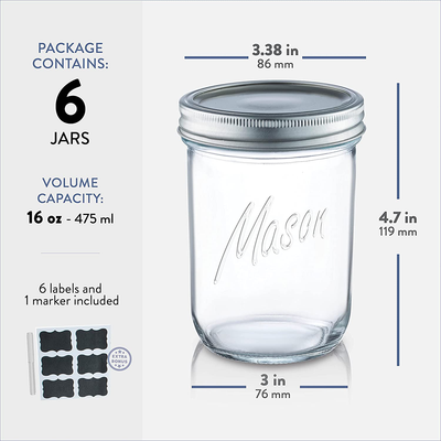 Wide-Mouth Glass Mason Jars, 16-Ounce (6-Pack) Glass Canning Jars with Silver Metal Airtight Lids and Bands with Chalkboard Labels, for Canning, Preserving, Meal Prep, Overnight Oats, Jam, Jelly