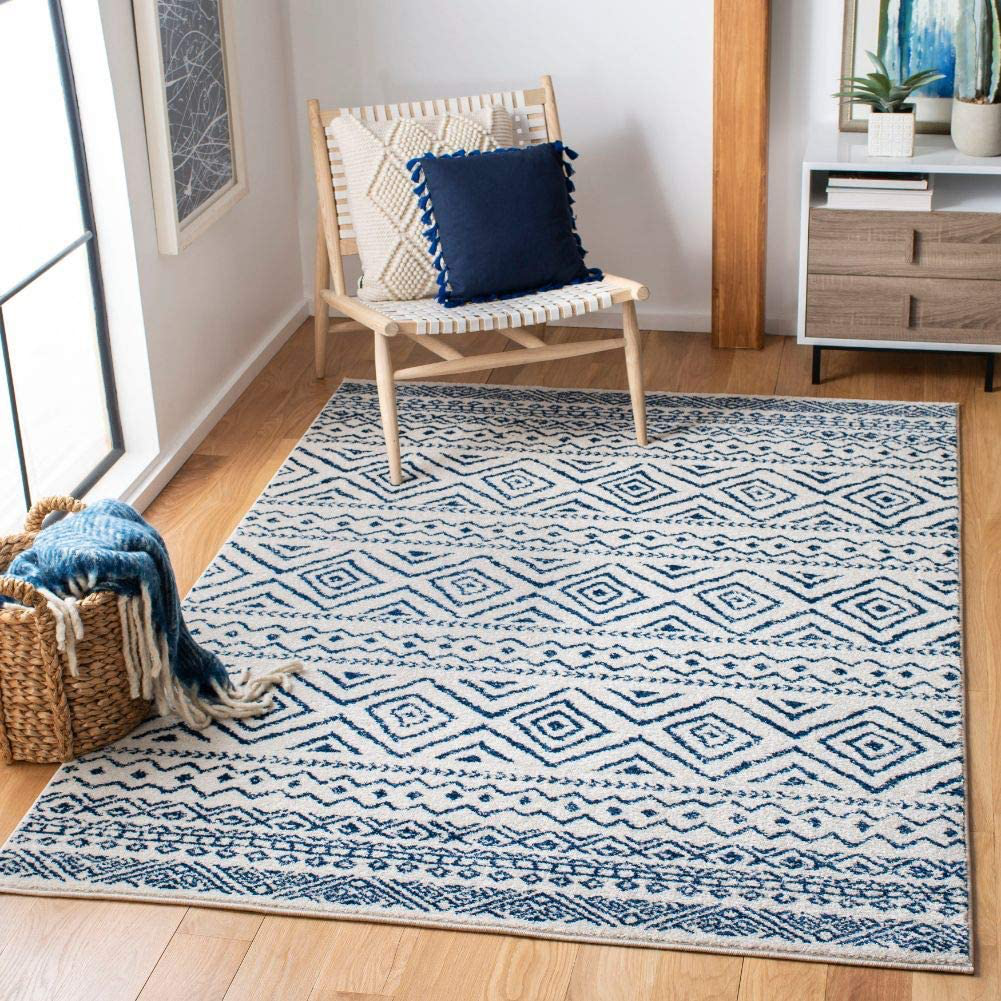 Safavieh Tulum Collection TUL267C Moroccan Boho Distressed Non-Shedding Living Room Bedroom Accent Area Rug, 4' x 6', Ivory / Navy