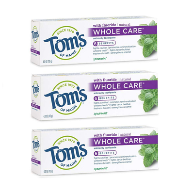 Tom's of Maine Whole Care Natural Toothpaste with Fluoride, Spearmint, 4 oz. 3-Pack