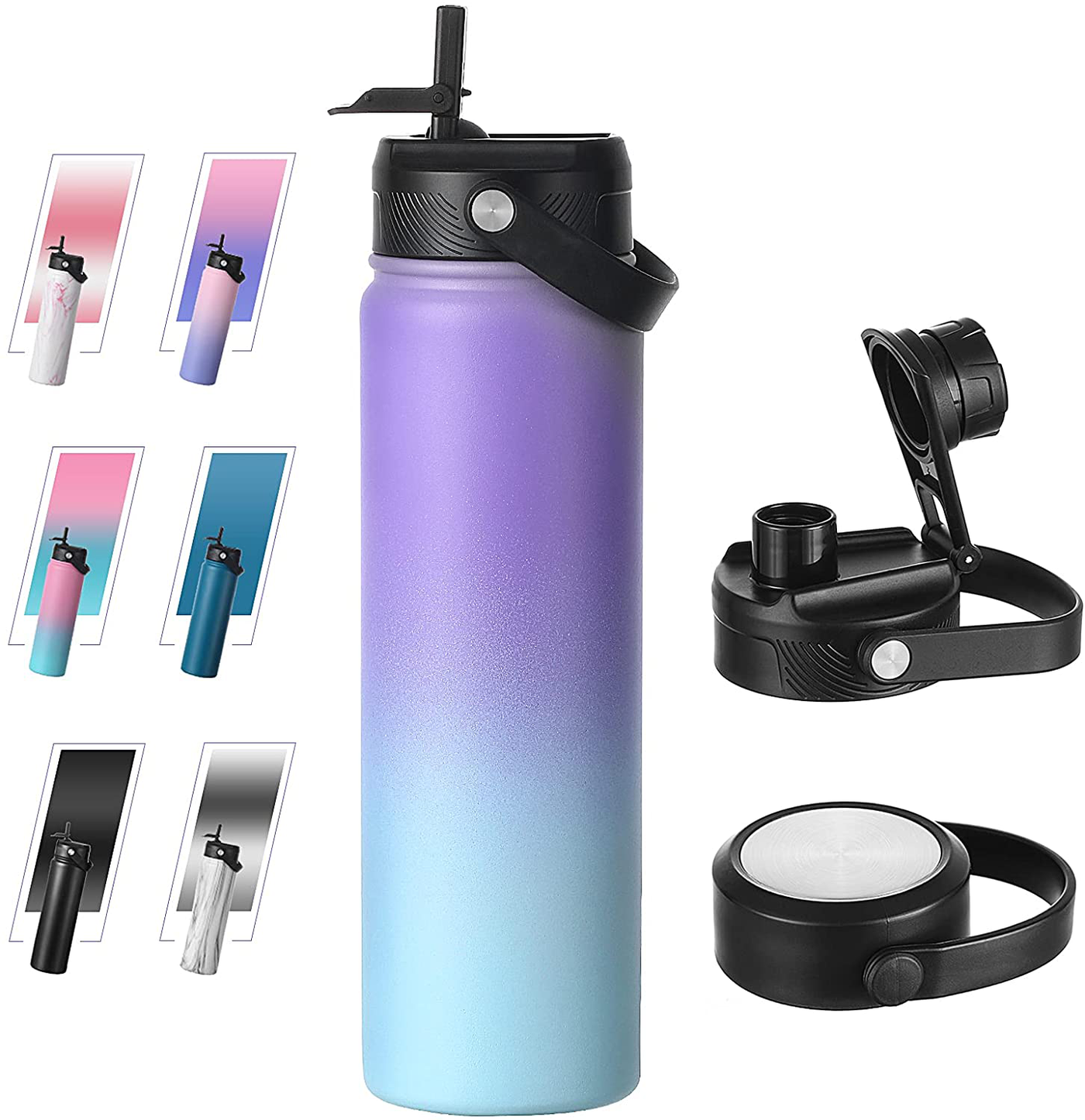 Bluego 32oz Stainless Steel Water Bottle with 3 Lids -Straw-Spout-Handle Lids, Vacuum Wide Mouth Reusable Metal Water Bottles,Keeps Hot and Cold Leak-Proof Sports Flask-PinkBule
