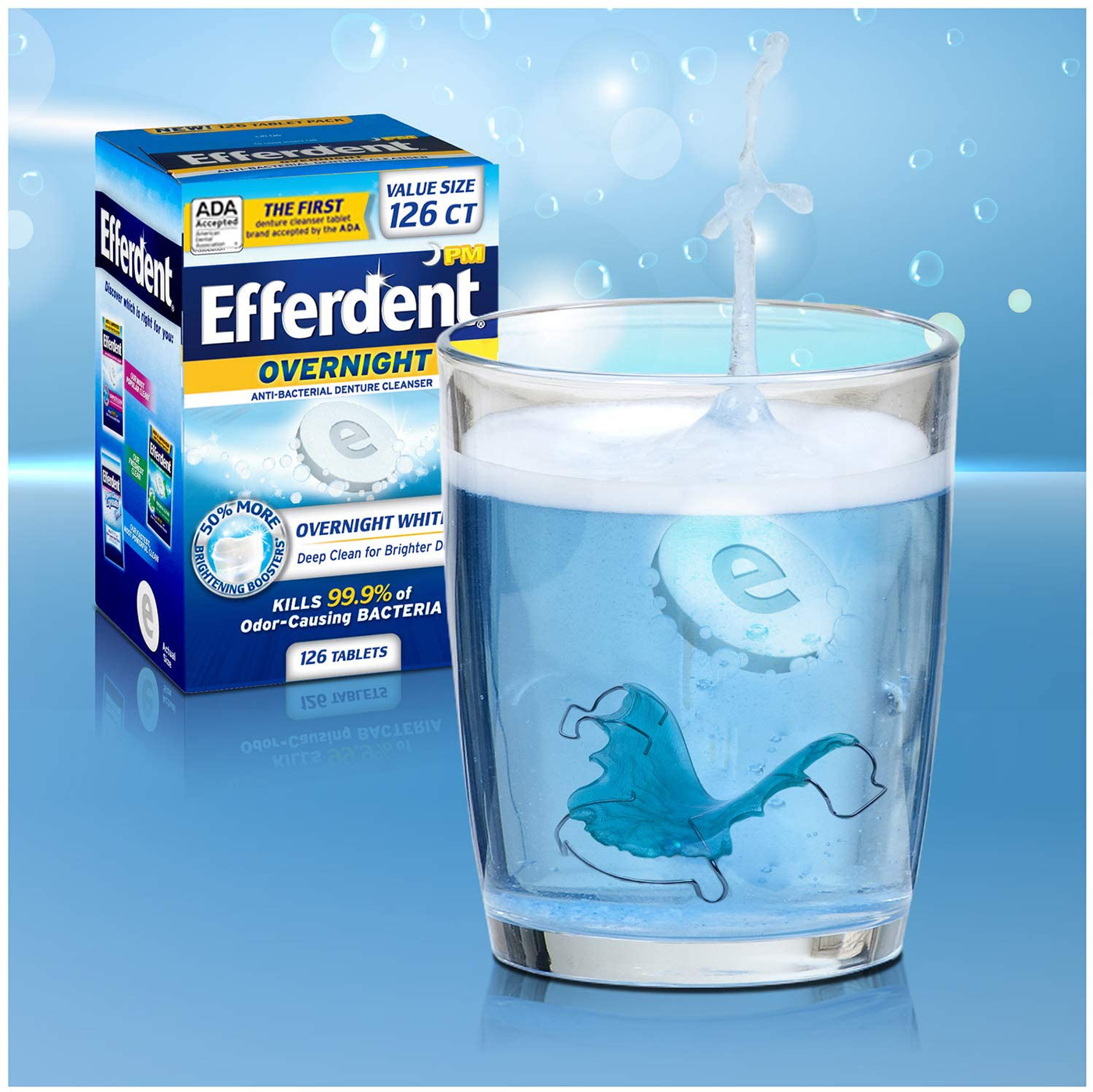 Efferdent PM Denture Cleanser Tablets, Overnight Whitening, 90 Count