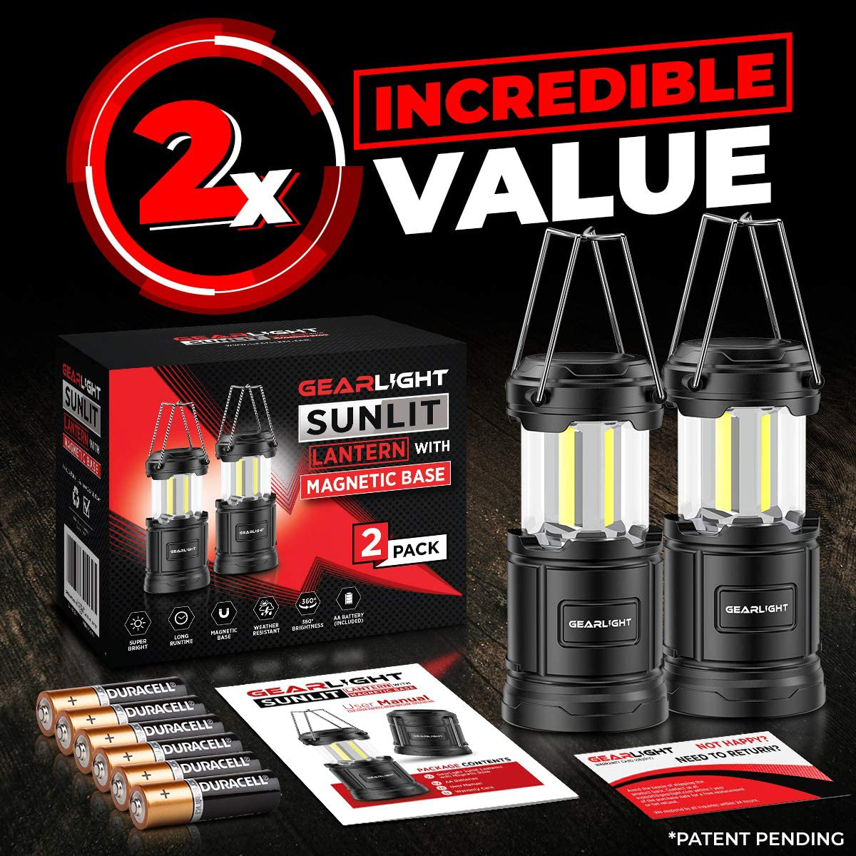 GearLight LED Camping Lantern Sunlit (2 Pack) - Battery Powered Lamp Lanterns for Emergency, Power Outages, Hurricane – Portable Camp Light, Flashlights, Accessories, Gear, Supplies