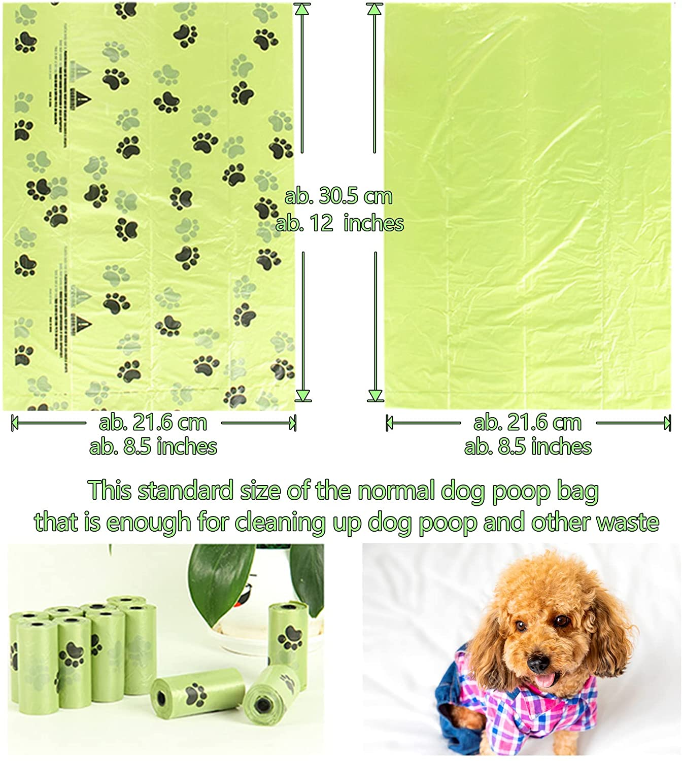Biodegradable Dog Poop Bags Refill Rolls, Green Compostable Dog Waste Bags