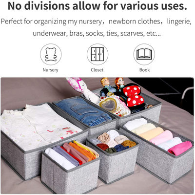 Drawer Organizer, 6 Set Foldable Underwear Drawer Organizer and Closet Dividers,Storage Box for Clothes, Socks, Underwear (6 Bins, Grey with White)