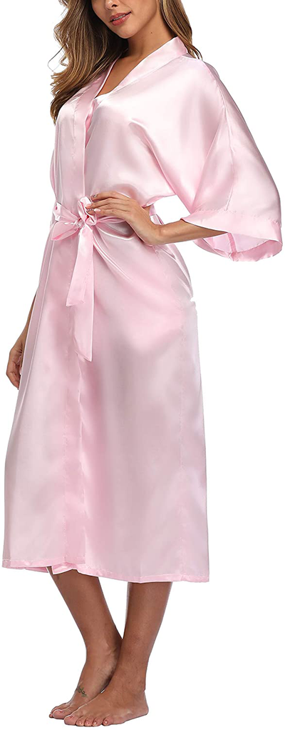 Womens Pure Color Long Satin Bathrobe Kimono Nightgown Long Dress Gown