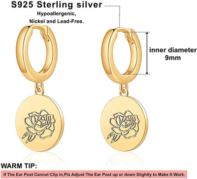 Month Flower Hoop Earrings for Women S925 Sterling Silver 18K Gold Plated Dangle Earrings Birth Floral Earrings for Women Girls Birthday Gifts