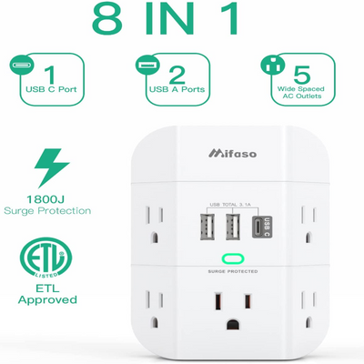 3 Sided - 5 Outlet Wall Surge Protector Extender, 1800 Joules Multi Plug