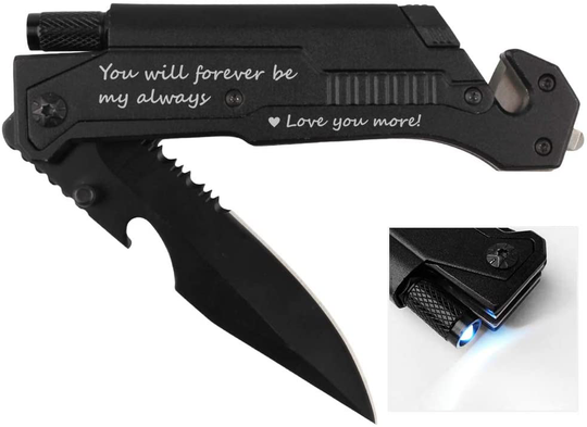 Engraved Hunting Pocket Knife, I Love You More, Pocket Knife for Men with 6 Functions, LED Light, Fire Starter, Bottle Opener,Seat Belt Cutter,Glass Breaker, Mens Pocket Knife