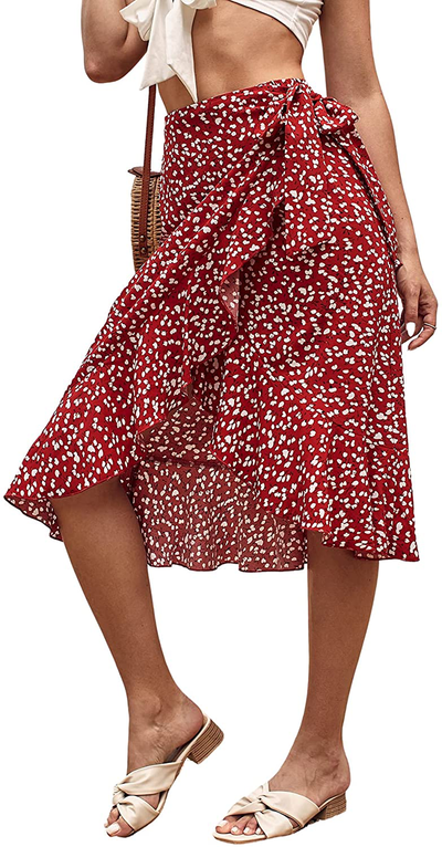 SheIn Women's Boho Ditsy Floral Knot High Waisted Wrap Split Midi Skirt