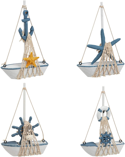 Miniature Sailing Boat Model, Nautical Home Decor (4.4 x 6.8 x 1.25 in, 4 Piece Set)