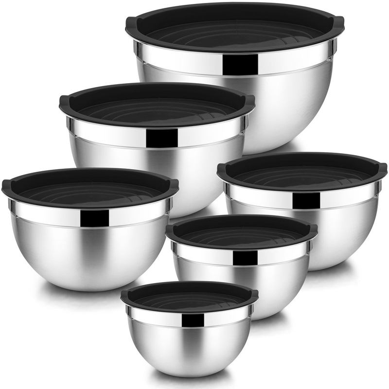 Set of 6 Mixing Bowls with Lids, Stainless Steel Metal Nesting Bowls for Cooking, Baking, Preparing & Serving