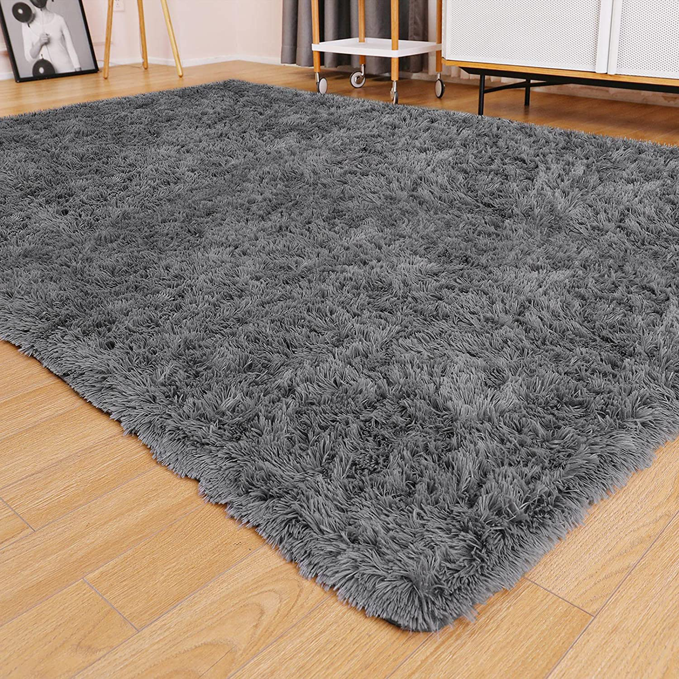 Ophanie Black Rugs for Bedroom, Fluffy Fuzzy Shaggy Furry Area Rug, Soft Plush Shag Bedside Carpet, Indoor Floor Living Room Carpet for Kids Boys Teen Dorm Home Decor Aesthetic, Nursery, 4 x 5.3 Feet