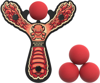 Mighty Fun! Mischief Maker Lil Monster Wooden Toy Slingshot and Soft Foam Balls (Red)