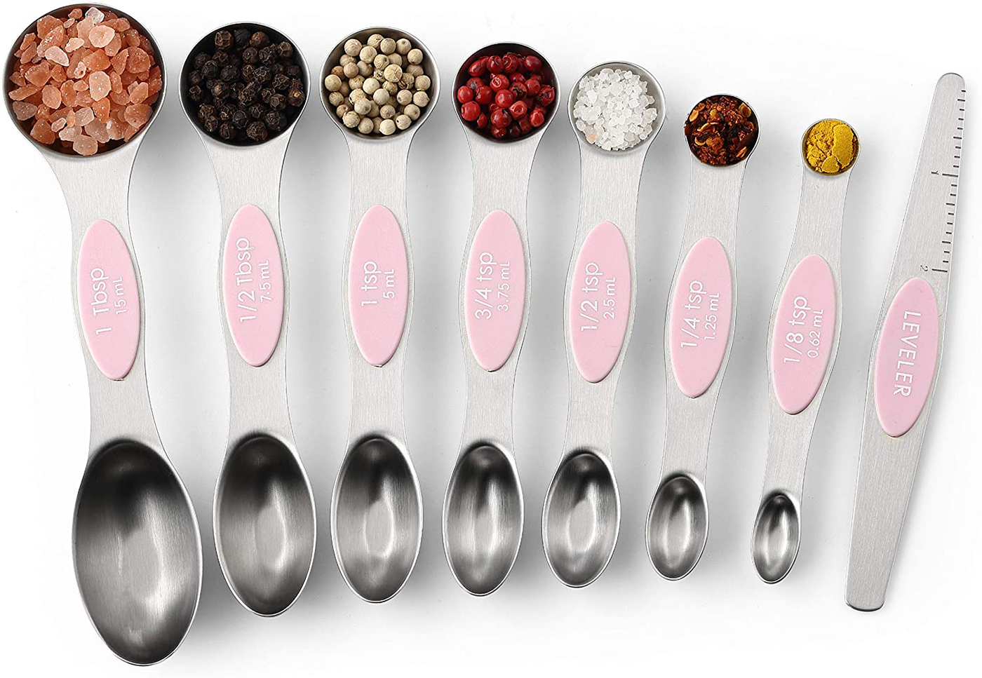 Spring Chef Magnetic Measuring Spoons Set, Dual Sided, Stainless Steel, Fits in Spice Jars, Pink Lemonade, Set of 8