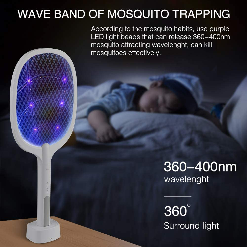 Electric Bug Zapper, Mosquito Killer Mosquitoes Trap Lamp & Racket 2 in 1, USB Rechargeable Electric Fly Swatter for Home and Outdoor Powerful Grid 3-Layer Safety Mesh Safe to Touch