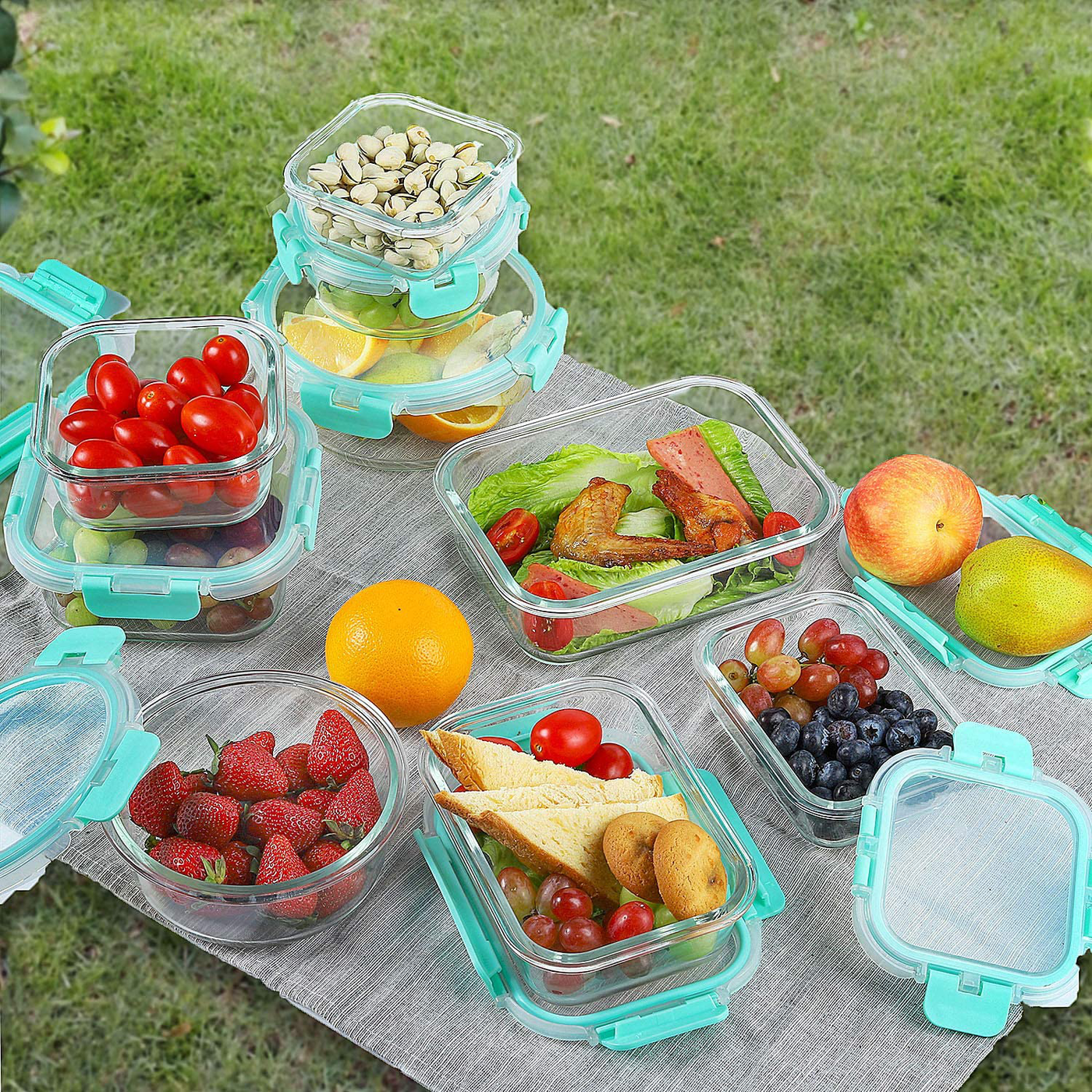 Bayco Glass Food Storage Containers with Lids, [18 Piece] Glass Meal Prep Containers, Airtight Glass Lunch Bento Boxes, BPA-Free & Leak Proof (9 lids & 9 Containers) - Grey