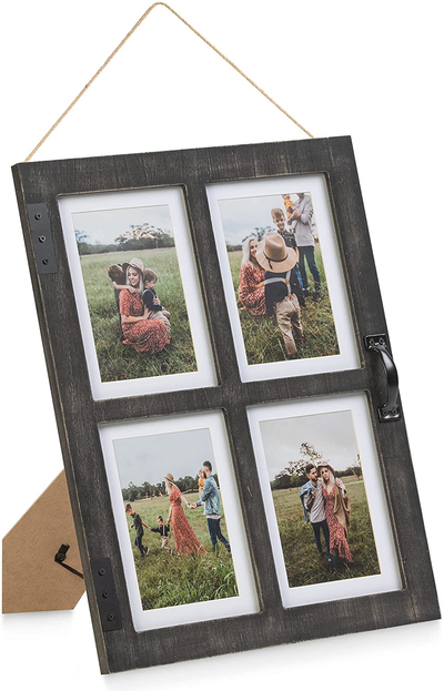 GLM Farmhouse Window Frame Holds Four 4x6 and 5x7 Photos, Farmhouse Picture Frames With Mat and Glass, Photo Collage Frame and Rustic Farmhouse Decor (Brown)