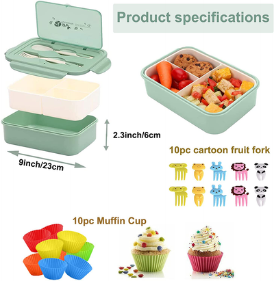 Bento Lunch Box Containers for Kids/Adults Green Bento Box,MUJUZE Salad Container with Fruit Picks Muffin Silicone Cup,Bento Boxes with Leak Proof,Microwavable Dinner Box Utensils