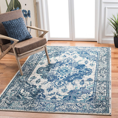 Safavieh Monaco Collection MNC243A Boho Chic Medallion Distressed Non-Shedding Stain Resistant Living Room Bedroom Area Rug, 3' x 5', Ivory / Blue