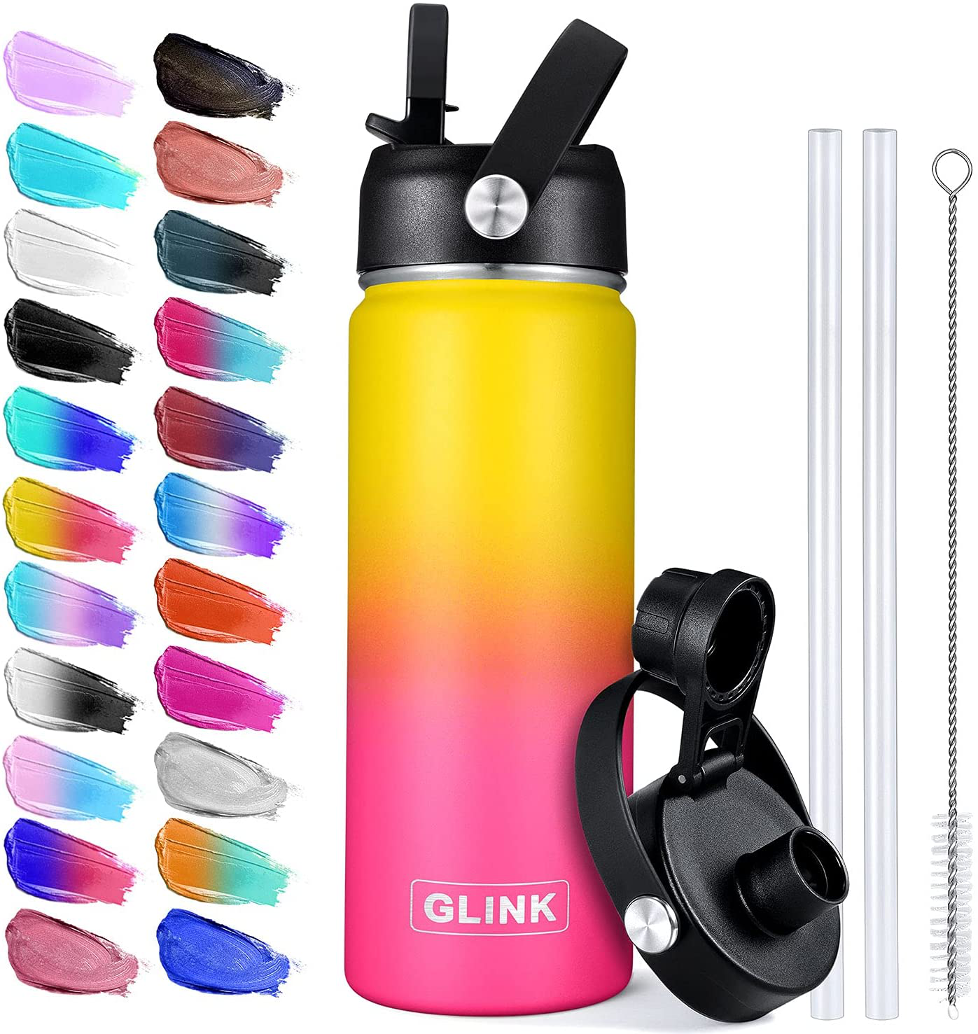 Glink Stainless Steel Water Bottle with Straw, 12oz Wide Mouth Double Wall Vacuum Insulated Water Bottle Leakproof, Straw Lid and Spout Lid with New Rotating Rubber Handle Sunset Glow