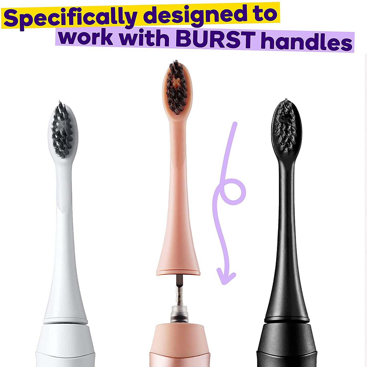 3 Pack BURST Replacement Electric Toothbrush Heads, Charcoal Bristles, BURST Sonic Toothbrush Compatible, Deep Clean, Healthier Smile