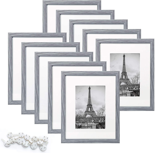 upsimples 8x10 Picture Frame Set of 10,Display Pictures 5x7 with Mat or 8x10 Without Mat,Multi Photo Frames Collage for Wall or Tabletop Display,Ash Gray