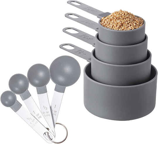 Measuring Cups and Spoons Set of Huygens Kitchen Gadgets 8 Pieces, Stackable Stainless Steel Handle Measuring Cups for Measuring Dry and Liquid Ingredient (Gray)