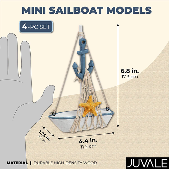 Miniature Sailing Boat Model, Nautical Home Decor (4.4 x 6.8 x 1.25 in, 4 Piece Set)