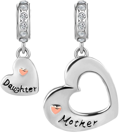 Mother Daughter Heart Love Dangle Charm Beads for Snake Chain Bracelets