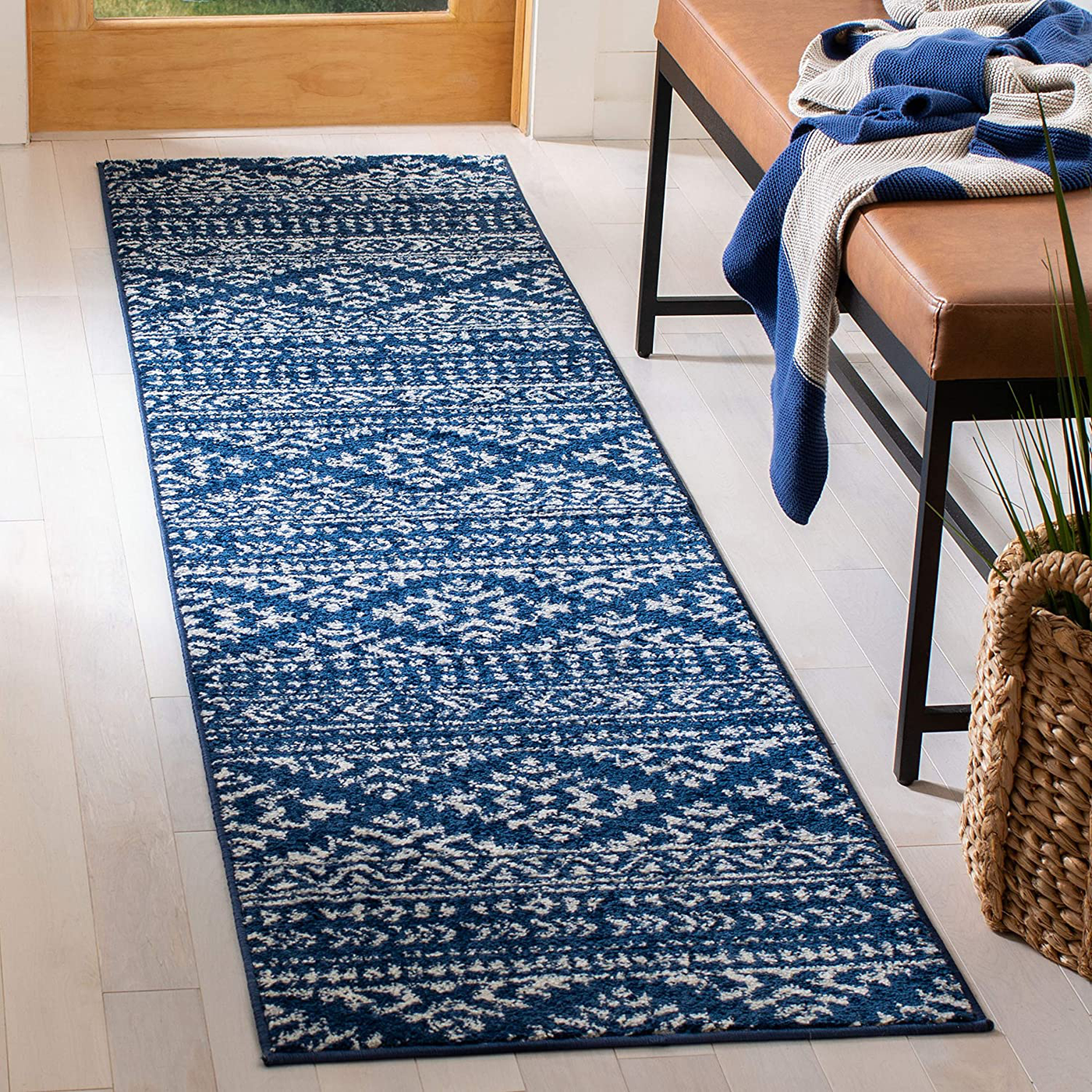 Safavieh Tulum Collection TUL272N Moroccan Boho Tribal Non-Shedding Stain Resistant Living Room Bedroom Runner, 2' x 21' , Navy / Ivory