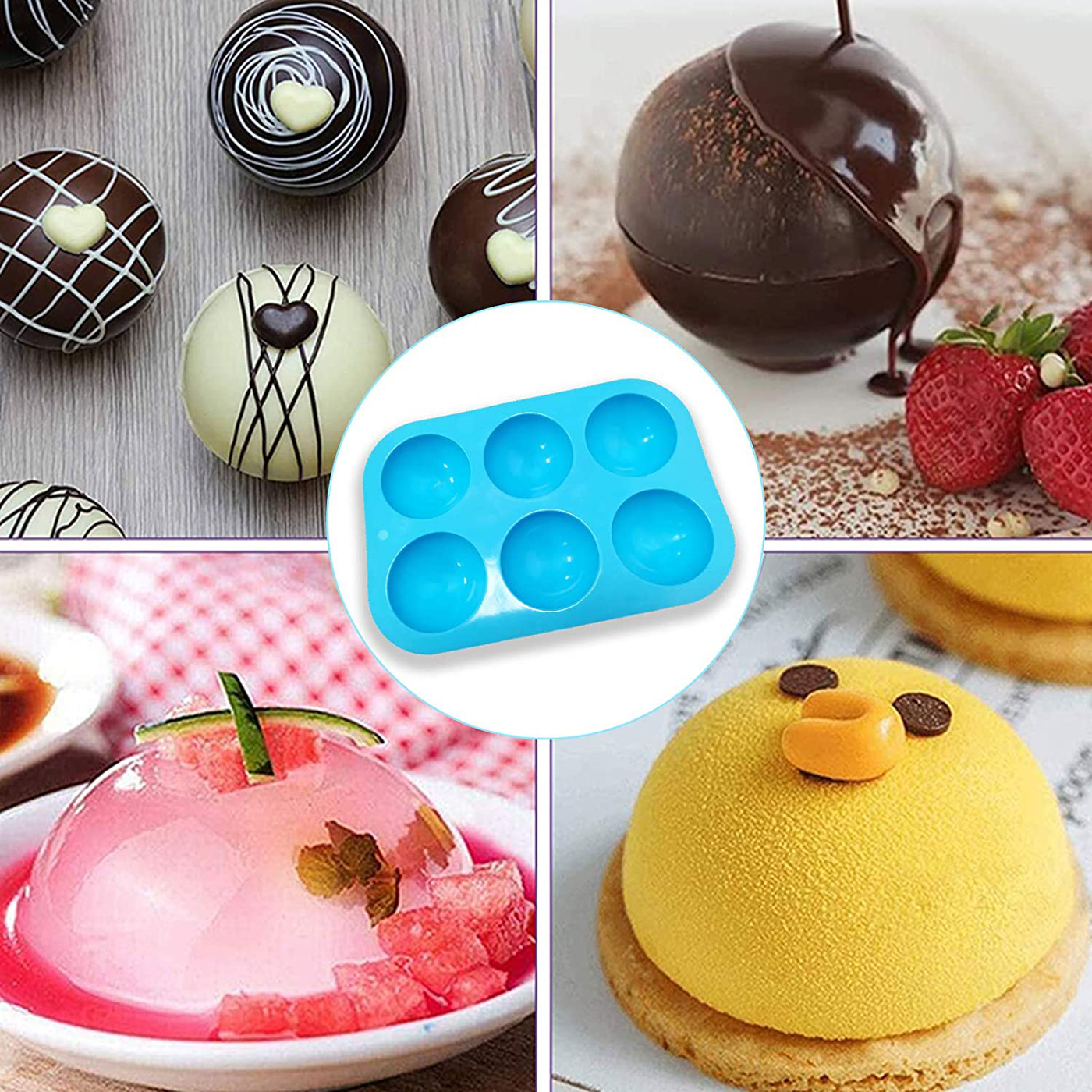 Candy Mousse Cake,6 Blue Holes Silicone Molds,2 Inch Diameter Backing Mold Use for Soap Mold, Mousse, Jelly, Cake, Bread, Prepared food, Chocolate, Round Shape