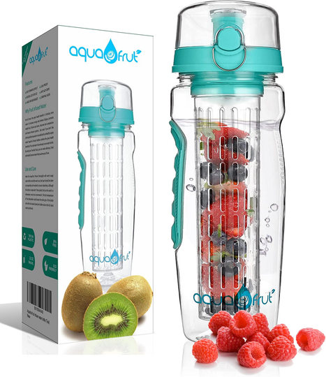 AquaFrut 32 OZ Fruit Infuser Water Bottle BPA-Free Fruit Infusion Sports Bottle - Flip Top Lid w Drinking Spout, Leak Proof, Made of Durable Tritan. Free Recipe eBook! (Teal)
