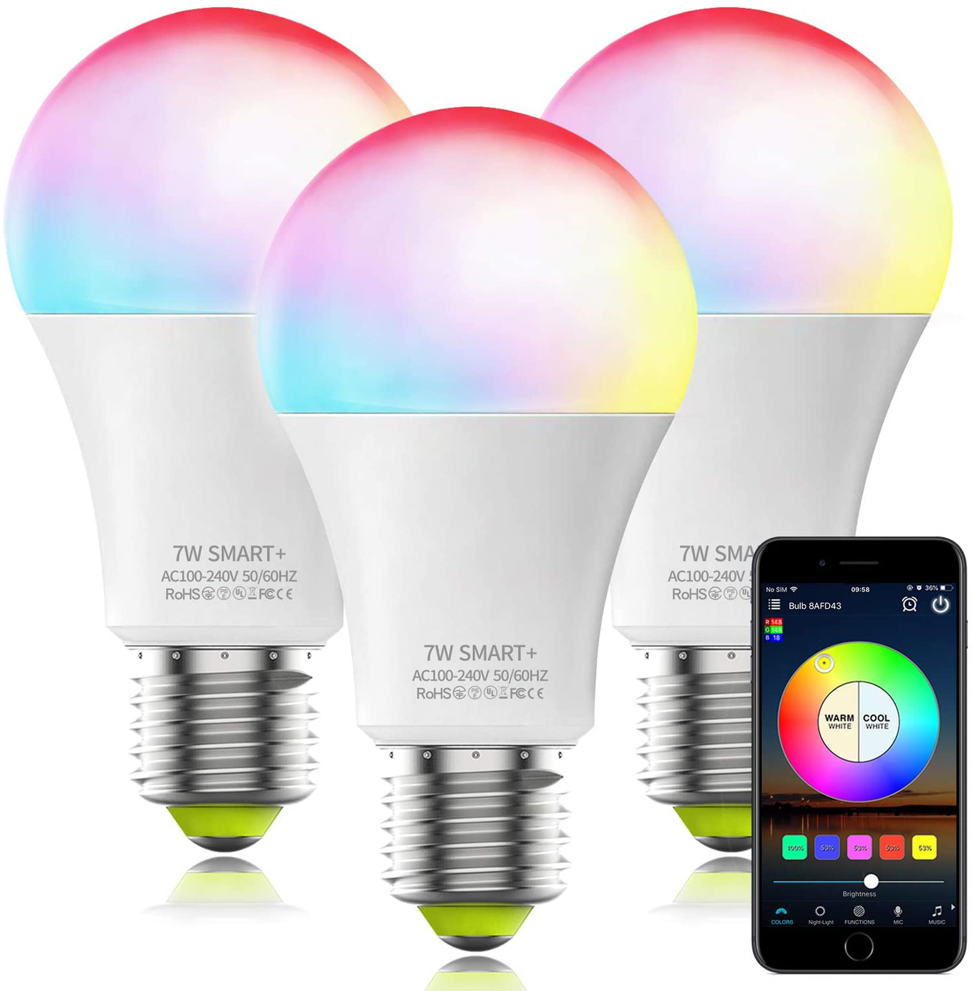 WiFi Smart Light Bulb, A19 E26 60W Equivalent Tunable White Color Changing Smart LED Light Bulb, UL Certified, Works with Alexa Google Home, No Hub Required