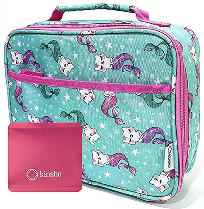 Lunch Box with Ice Pack for Girls Kids, Insulated Bag for Daycare Pre-School Kindergarten, Container Boxes for Small Kid Snacks Lunches, Mermaid Cat Aqua Pink