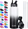 Glink Stainless Steel Water Bottle with Straw, 12-64 oz Wide Mouth Double Wall Vacuum Insulated Water Bottle Leakproof, Straw Lid and Spout Lid with New Rotating Rubber Handle