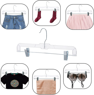 HOUSE DAY 12 Pack 14 inch Clear Plastic Skirt Hangers with Adjustable Clips, Pants Hangers 360-Rotating Swivel Hook, Clip Hangers for Pants, Trousers, Skirts, Jeans, Bulk Plastic Hangers