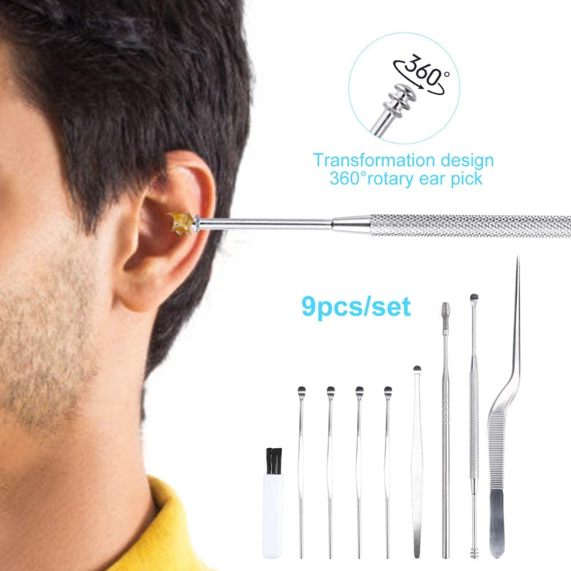9 Piece Ear Wax Removal Kit - Medical Grade Stainless Steel with Storage Box
