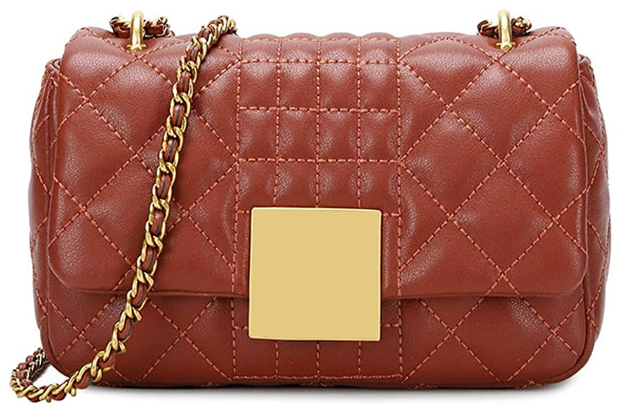 Women's Quilted Genuine Leather Quilted Chain Purse Shoulder Bag Small Crossbody Bag Purse