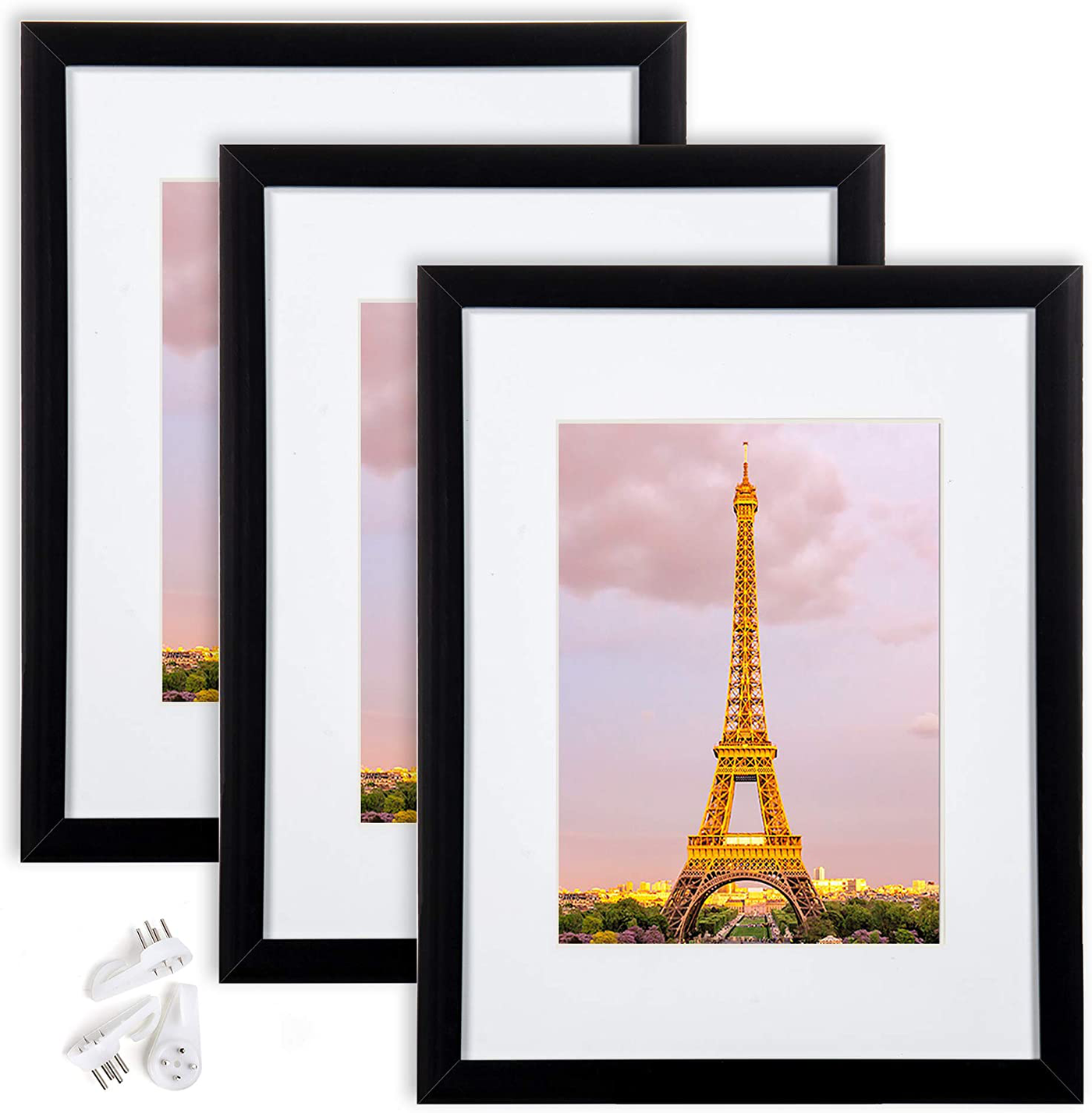 upsimples 8.5x11 Picture Frame Set of 3,Made of High Definition Glass for 6x8 with Mat or 8.5x11 Without Mat,Wall Mounting Photo Frame Silver