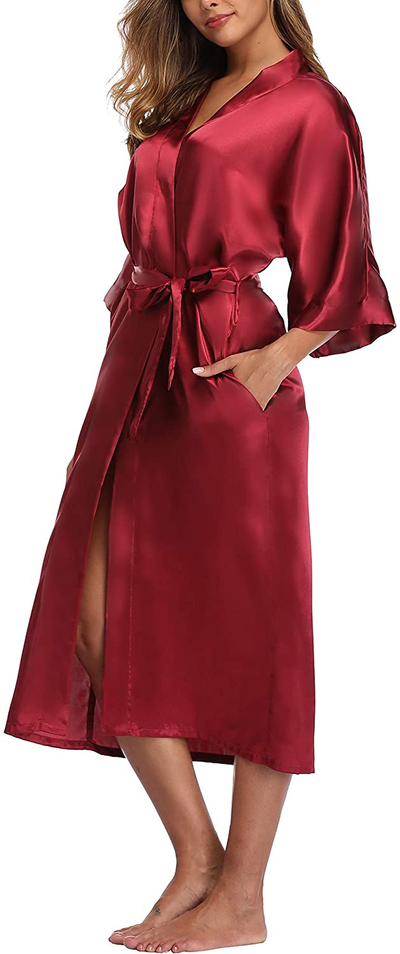 Womens Pure Color Long Satin Bathrobe Kimono Nightgown Long Dress Gown