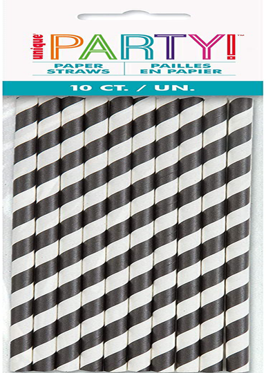 Unique Black Striped Paper Smoothie Straws - 10 Pcs