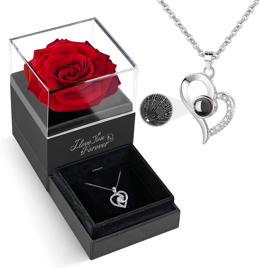 Christmas Preserved Real Red Rose with I Love You Necklace in 100 Languages -Gifts for Mom Wife Girlfriend Fiancée Her on Christmas Anniversary Mother's Day Valentine's Day Birthday Gifts for Women