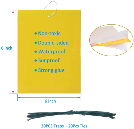 20-Pack Dual-Sided Yellow Sticky Traps for Flying Plant Insect Like Fungus Gnats, Aphids, Whiteflies, Leafminers