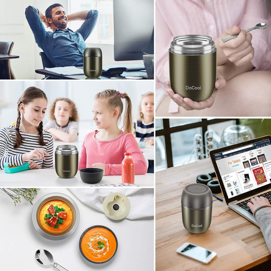 DaCool Hot Food Jar Insulated Lunch Box Container Vacuum Stainless Steel 16 Ounce Kids Adult Bento Box for Hot Food with Spoon Leak Proof for School Office Picnic Travel Outdoors, BPA free - Gray