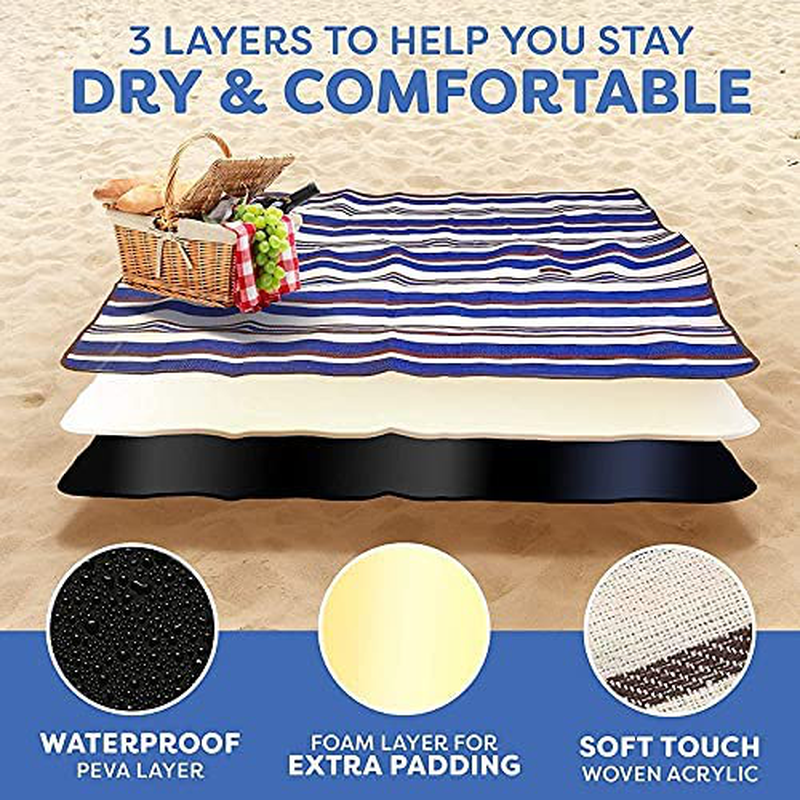 Extra Large Picnic Blanket Dual Layers for Outdoor Water-Resistant Handy Mat Tote Spring Summer Blue and White Striped for The Beach, Camping on Grass