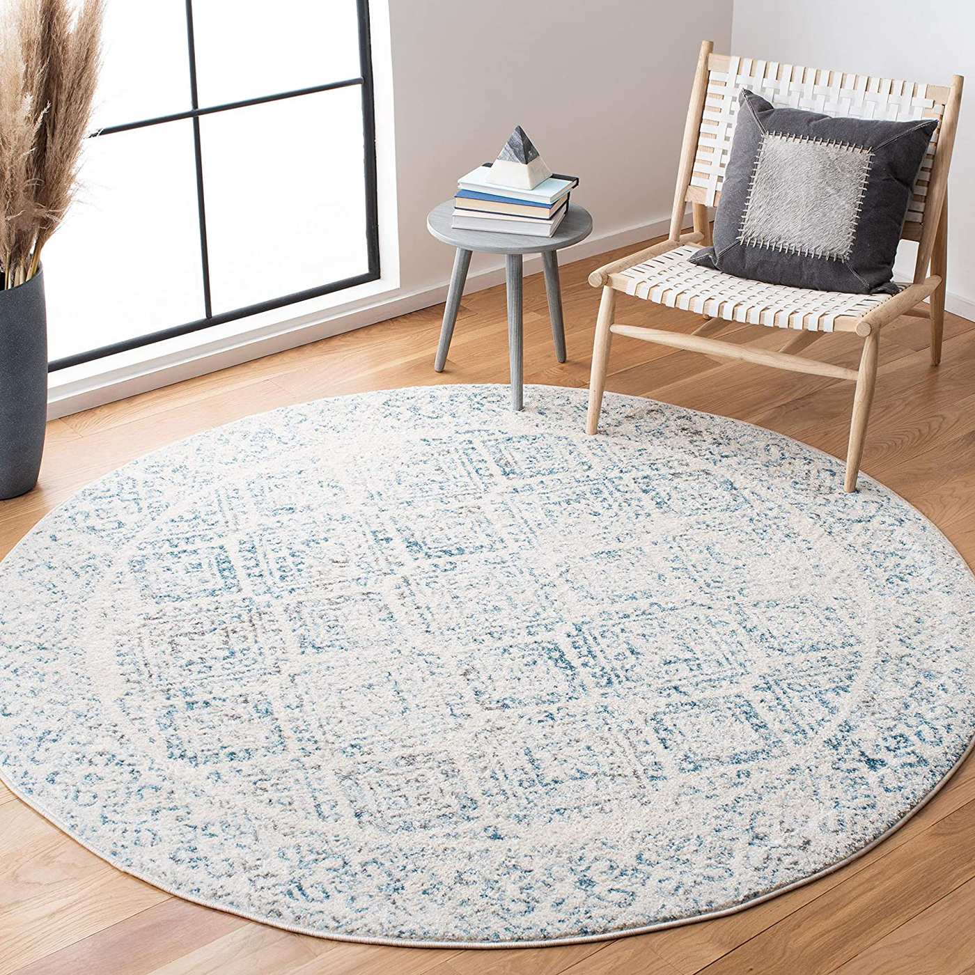 Safavieh Tulum Collection TUL264B Moroccan Boho Distressed Non-Shedding Stain Resistant Living Room Bedroom Area Rug, 6'7" x 6'7" Round, Ivory / Turquoise