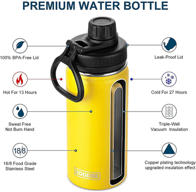 Koodee Kids Water Bottle 16 oz Stainless Steel Triple Wall Vacuum Insulated Wide Mouth Bottle with Leakproof Spout Lid (Yellow)
